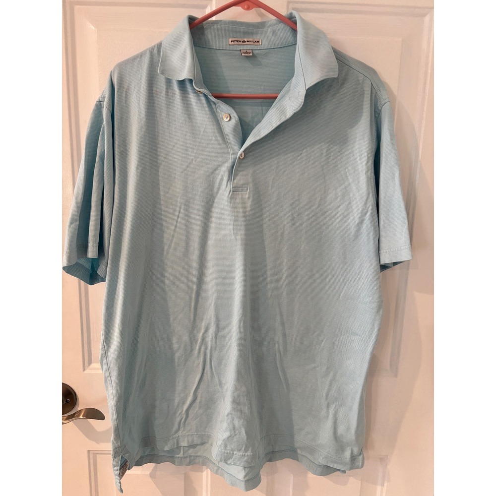 Peter Millar Mens Light Blue Striped Cotton Short Sleeve Polo Shirt Golf Sz‎ Lg